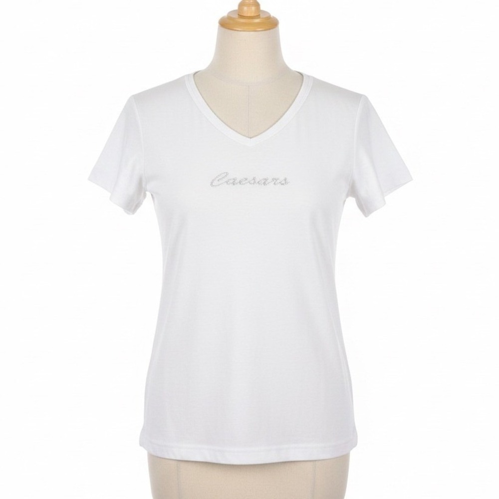 Caesars Palace T-Shirt Women‎ L White Glitter Shimmer V-Neck Rhinestone Logo USA